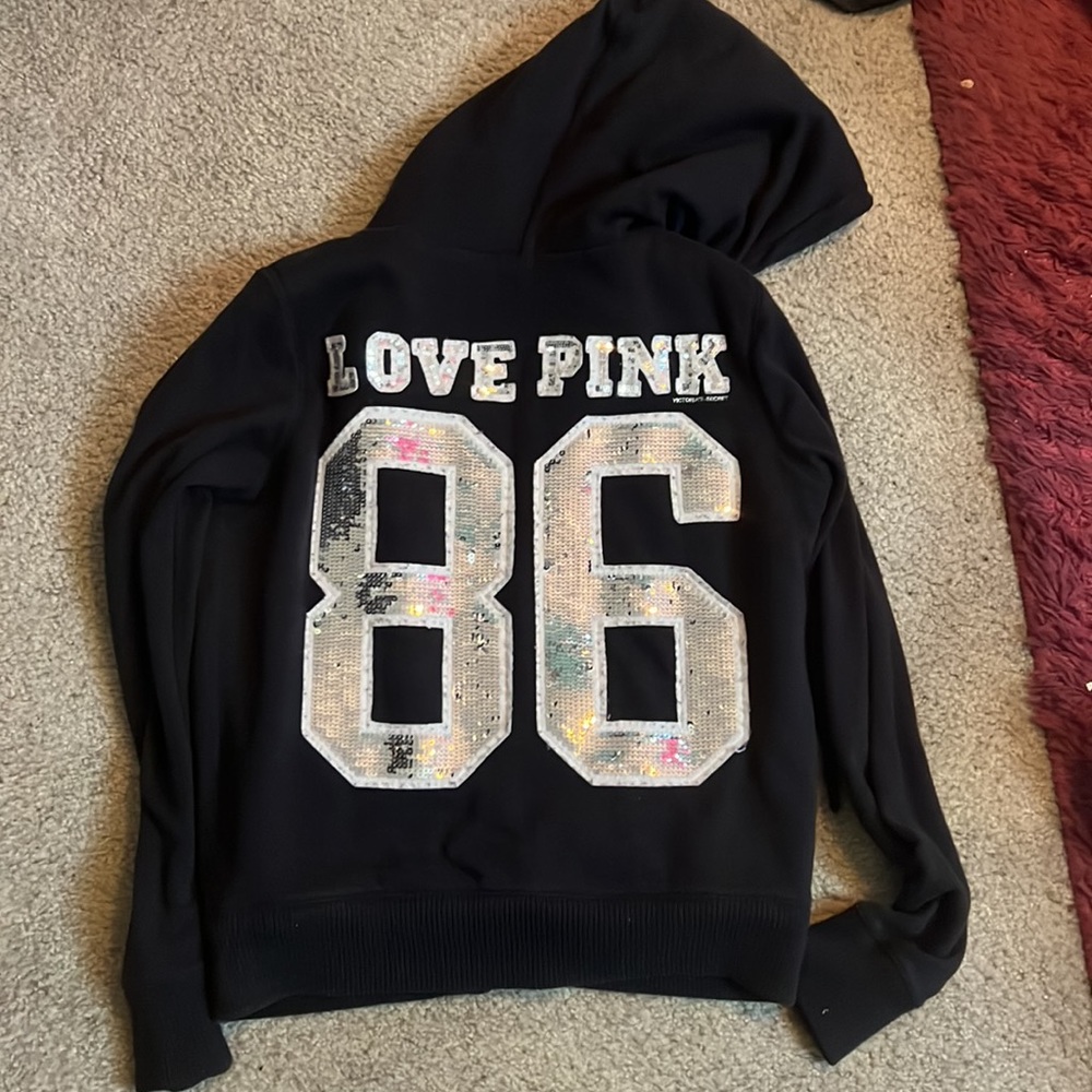 RARE Victoria secret PINK BLING SEQUIN FUR HOODIE